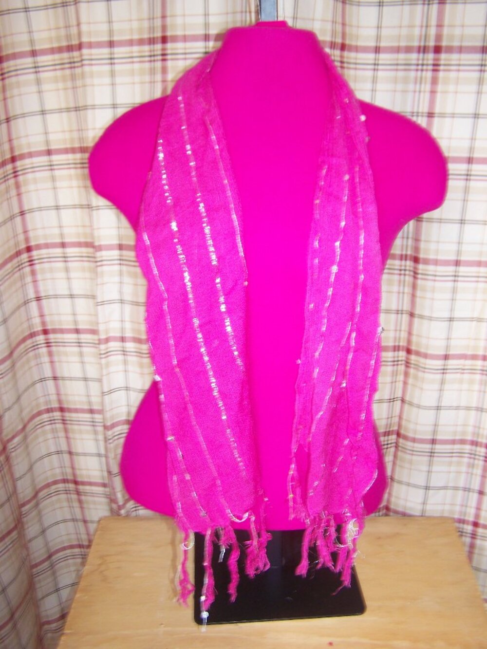 Pink Fringed Scarf with Silver Threads & Sequins OS